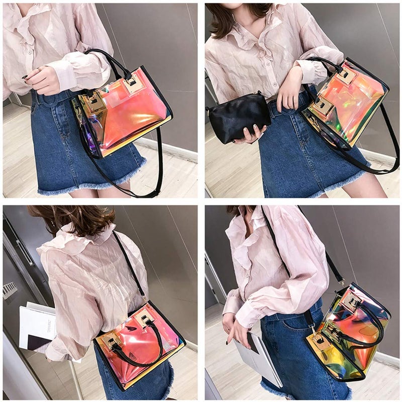 AlwaySky Women Transparent Shoulder Bag, 2 in 1 Designer Fashion Handbag Tote Purse Waterproof Summer Beach Bag Satchel, Laser-Black - Image 4